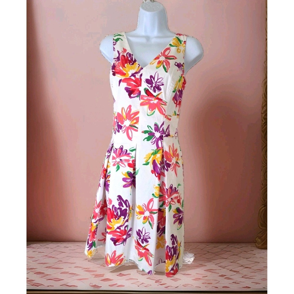 Chaps Sundress 10 Spring Florals Watercolor Pleats A Line V Neck Cotton Stretch